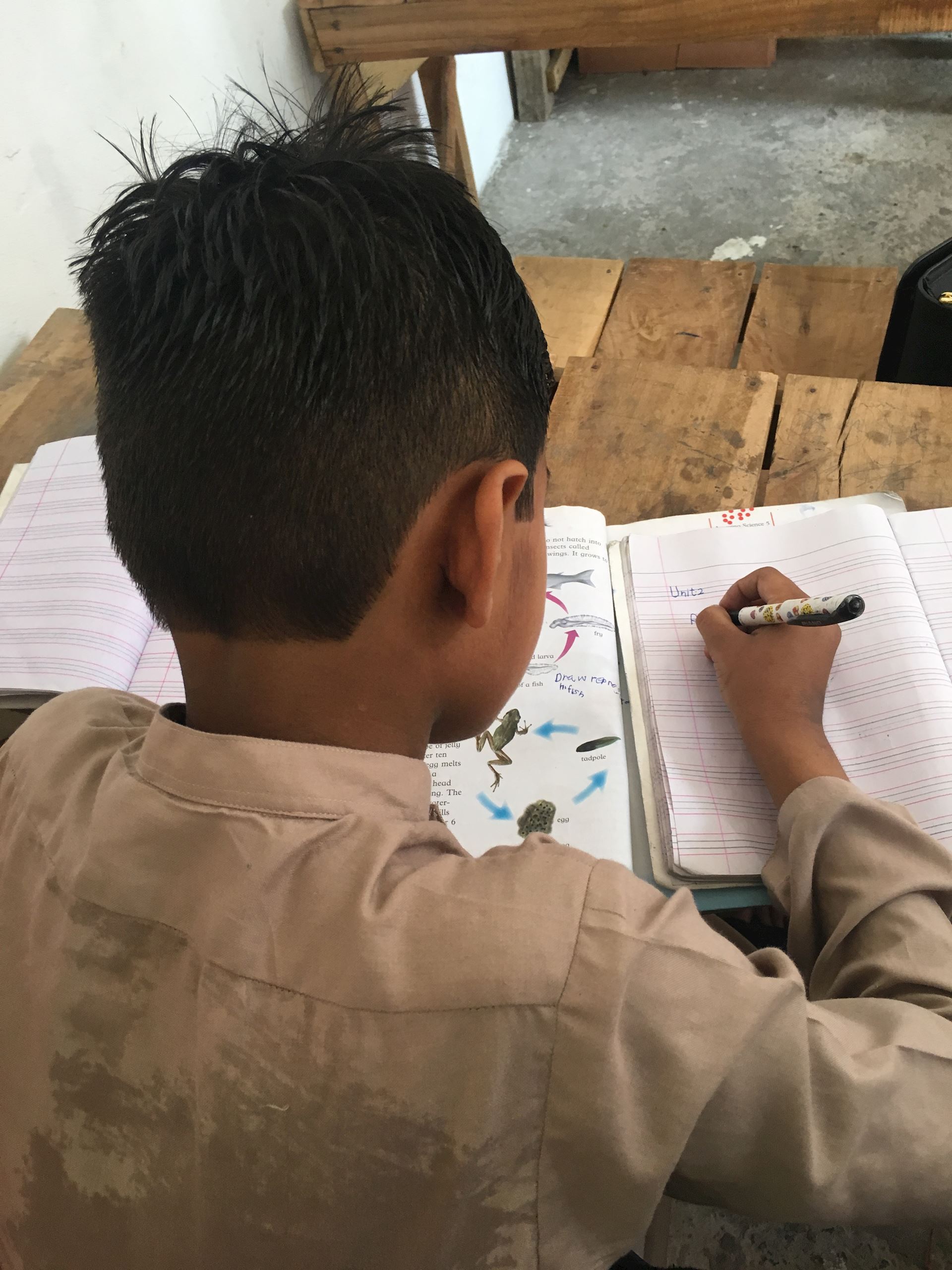 Young boy writing in a notepad in school classroom, Pakistan 