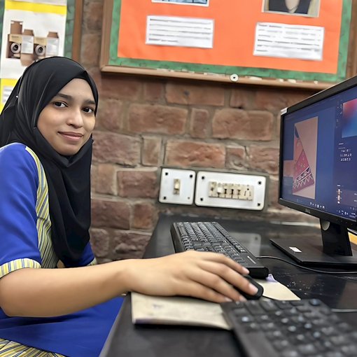 Mahbish at computer