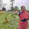 Kohinoor Gogoi stands in her mustard field, with her husband Uttam Gogoi in the background